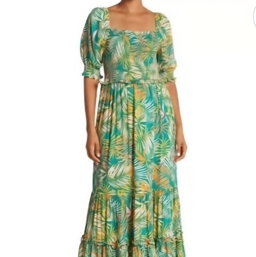 180B Betsey Johnson Green and Yellow Leaf Print Tropical Maxi Dress - Size Large